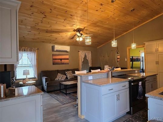 Interior, Kitchen, Living room, Pendant Lights, Wooden Ceilings, Wood Texture Flooring