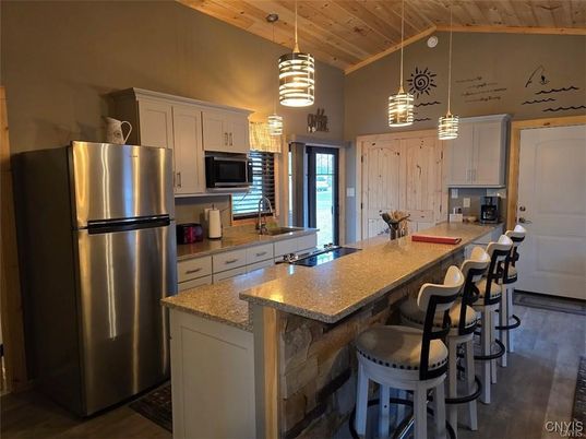 Interior, Kitchen, Pendant Lights, Stainless Steel Appliances, Wooden Ceilings, Wood Texture Flooring
