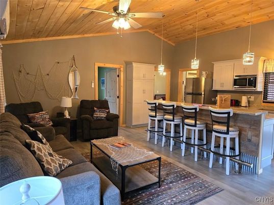 Interior, Kitchen, Living room, Pendant Lights, Stainless Steel Appliances, Wooden Ceilings, Wood Texture Flooring
