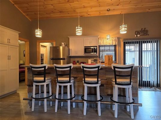 Interior, Kitchen, Pendant Lights, Stainless Steel Appliances, Wooden Ceilings, Wood Texture Flooring