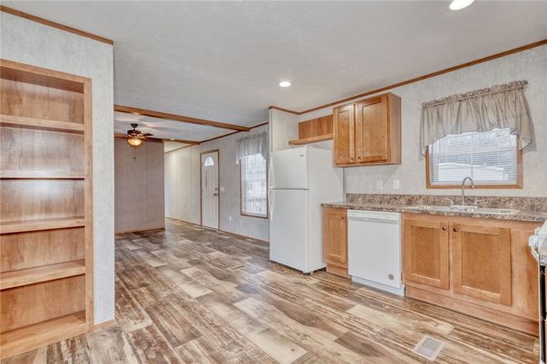Interior, Kitchen, Recessed Lighting, Wood Texture Flooring