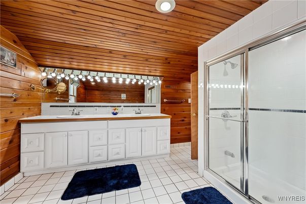 Bathroom, Dual Sink Vanities, Glass Shower, Interior, Wooden Ceilings, Wooden Walls