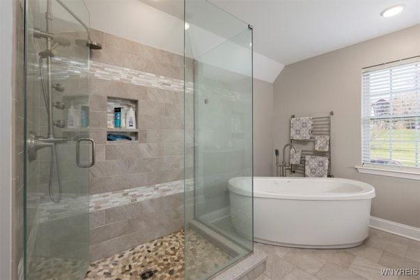 Bathroom, Free Standing Baths, Glass Shower, Interior, Recessed Lighting
