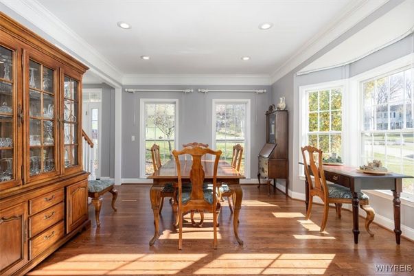 Dining room, Interior, Recessed Lighting, Wood Texture Flooring