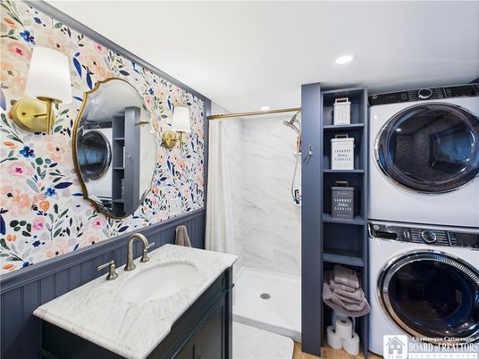 Bathroom, Interior, Marble Walls, Recessed Lighting, Utility Closets, Washer