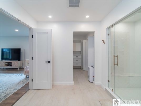 Bathroom, Glass Shower, Interior, Recessed Lighting, Wood Texture Flooring