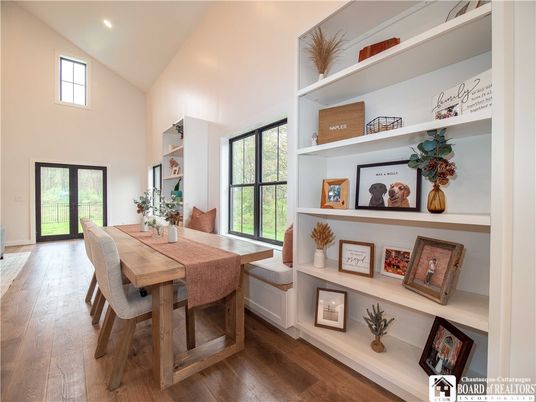 Dining room, Interior, Recessed Lighting, Wood Texture Flooring