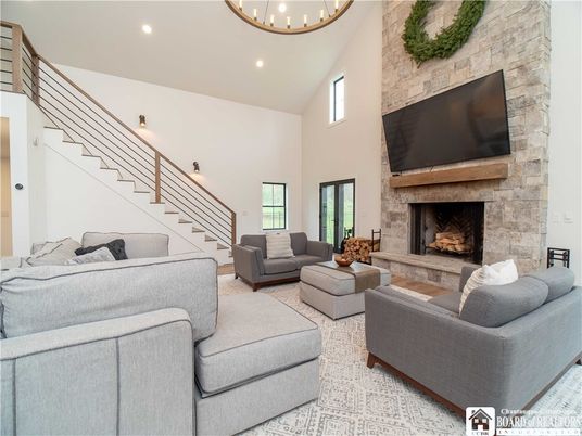 Fireplace, Interior, Living room, Recessed Lighting, Stone Walls