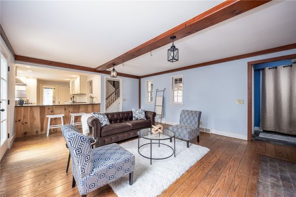 Interior, Living room, Recessed Lighting, Wooden Beams, Wood Texture Flooring