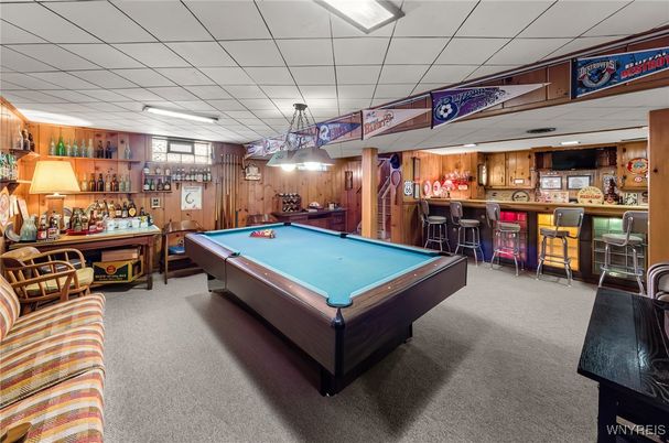 Billiard Table, Game Room, Interior, Pendant Lights, Wooden Walls