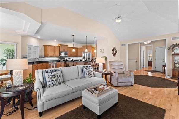 Interior, Kitchen, Living room, Pendant Lights, Recessed Lighting, Stainless Steel Appliances, Wood Texture Flooring