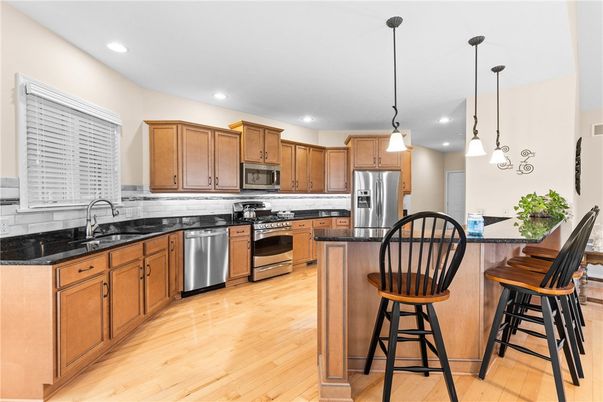 Interior, Kitchen, Pendant Lights, Recessed Lighting, Stainless Steel Appliances, Wood Texture Flooring