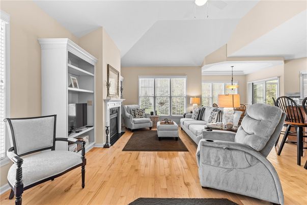 Dining room, Fireplace, Interior, Living room, Pendant Lights, Wood Texture Flooring