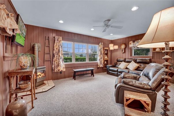Billiard Table, Fireplace, Game Room, Interior, Living room, Recessed Lighting, Wooden Walls