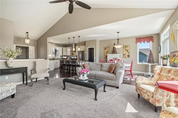 Dining room, Interior, Kitchen, Living room, Pendant Lights, Recessed Lighting, Stainless Steel Appliances, Wood Texture Flooring