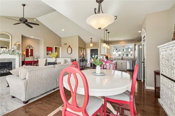 Dining room, Fireplace, Interior, Kitchen, Living room, Pendant Lights, Recessed Lighting, Wood Texture Flooring