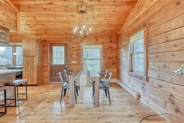 Dining room, Interior, Pendant Lights, Wooden Ceilings, Wood Texture Flooring, Wooden Walls