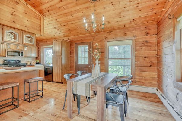Chandelier, Dining room, Interior, Kitchen, Wooden Ceilings, Wood Texture Flooring, Wooden Walls