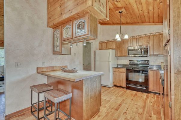 Interior, Kitchen, Pendant Lights, Stainless Steel Appliances, Wooden Ceilings, Wood Texture Flooring