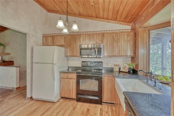 Interior, Kitchen, Pendant Lights, Stainless Steel Appliances, Wooden Ceilings, Wood Texture Flooring