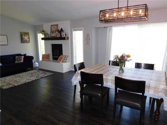 Dining room, Fireplace, Interior, Pendant Lights, Wood Texture Flooring