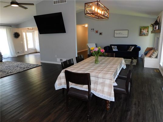 Dining room, Interior, Living room, Pendant Lights, Wood Texture Flooring