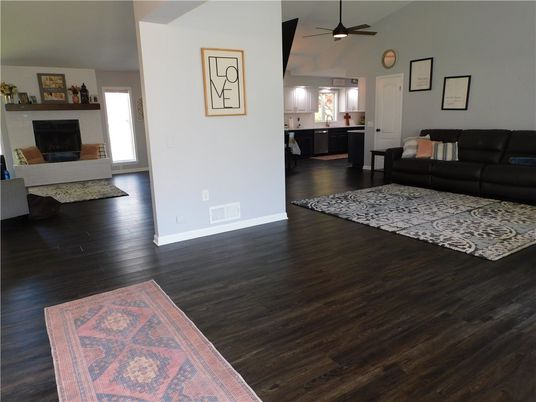 Fireplace, Interior, Kitchen, Living room, Wood Texture Flooring