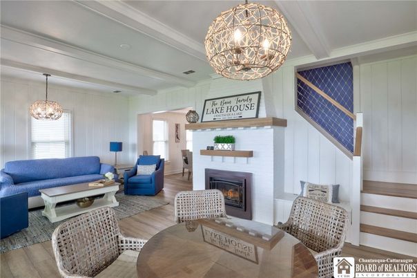 Fireplace, Interior, Living room, Pendant Lights, Wood Texture Flooring
