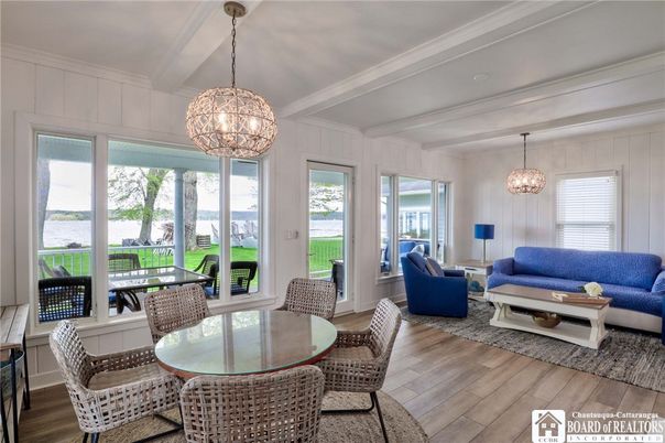 Dining room, Interior, Living room, Pendant Lights, Water, Wood Texture Flooring