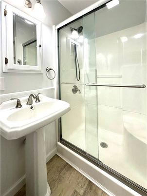 Bathroom, Glass Shower, Interior, Wood Texture Flooring