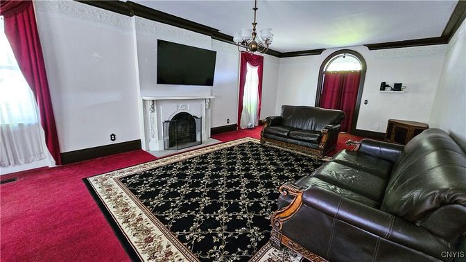 Chandelier, Fireplace, Interior, Living room