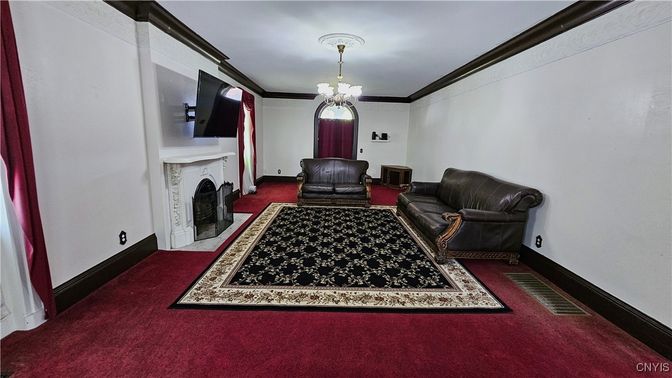 Chandelier, Fireplace, Interior