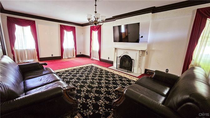 Chandelier, Fireplace, Interior, Living room