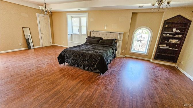 Bedroom, Chandelier, Interior, Pendant Lights, Wood Texture Flooring