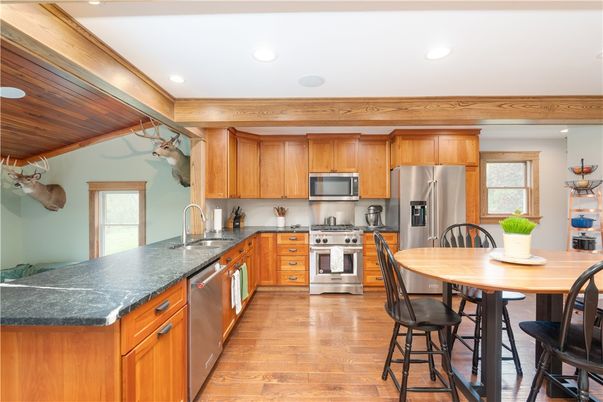 Interior, Kitchen, Recessed Lighting, Stainless Steel Appliances, Wooden Ceilings, Wood Texture Flooring