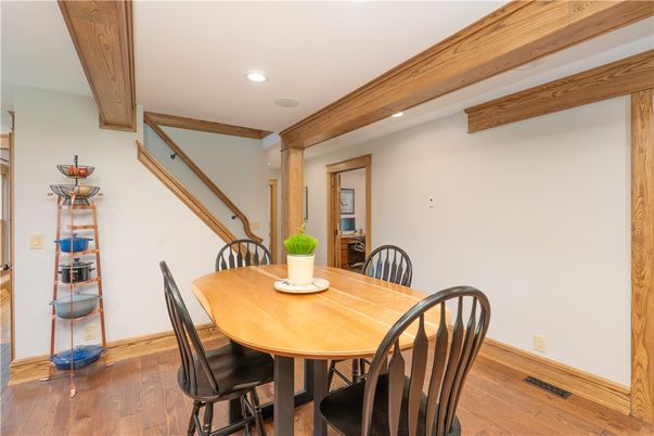 Dining room, Interior, Recessed Lighting, Wooden Beams, Wood Texture Flooring
