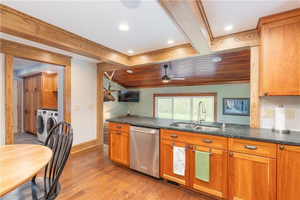 Interior, Kitchen, Recessed Lighting, Washer, Wooden Ceilings, Wood Texture Flooring