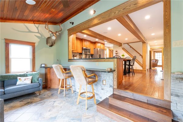 Interior, Kitchen, Recessed Lighting, Stainless Steel Appliances, Wooden Beams, Wooden Ceilings, Wood Texture Flooring