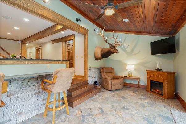 Fireplace, Interior, Recessed Lighting, Wooden Ceilings
