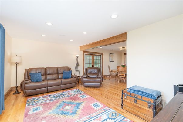 Dining room, Interior, Living room, Recessed Lighting, Wooden Beams, Wood Texture Flooring