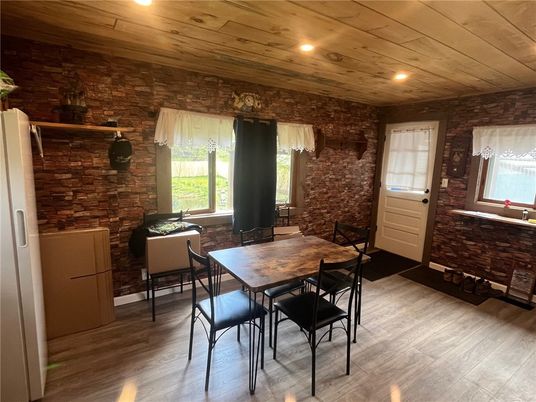 Dining room, Interior, Recessed Lighting, Stone Walls, Wooden Ceilings, Wood Texture Flooring