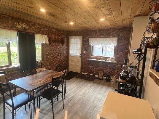 Dining room, Interior, Recessed Lighting, Stone Walls, Wooden Ceilings, Wood Texture Flooring