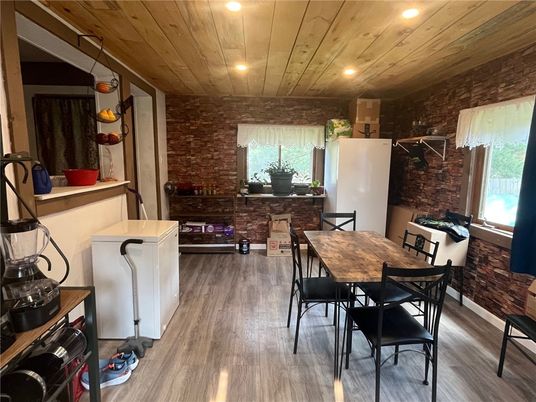 Dining room, Interior, Recessed Lighting, Stone Walls, Wooden Ceilings, Wood Texture Flooring