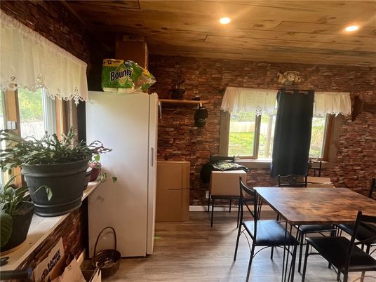 Dining room, Interior, Recessed Lighting, Stone Walls, Wooden Ceilings, Wood Texture Flooring
