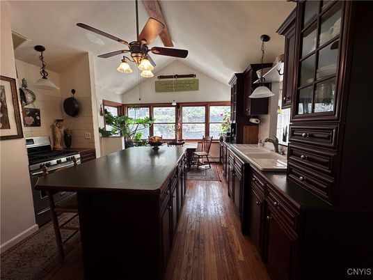 Dining room, Interior, Kitchen, Pendant Lights, Water, Wood Texture Flooring