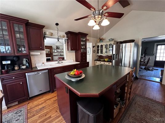 Interior, Kitchen, Pendant Lights, Stainless Steel Appliances, Wood Texture Flooring