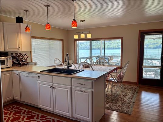 Dining room, Interior, Kitchen, Pendant Lights, Water, Wood Texture Flooring