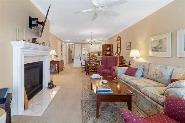 Chandelier, Dining room, Fireplace, Interior, Kitchen, Living room, Pendant Lights, Recessed Lighting