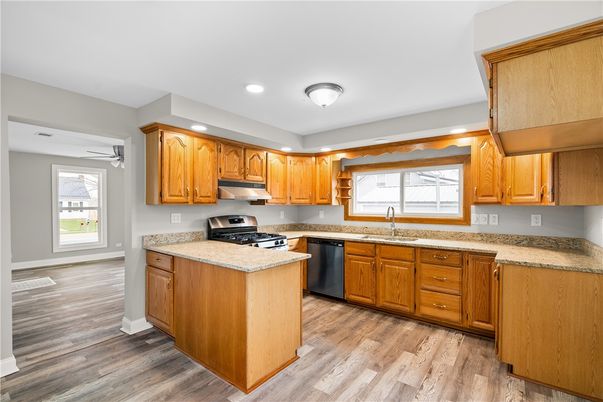 Interior, Kitchen, Recessed Lighting, Stainless Steel Appliances, Wood Texture Flooring