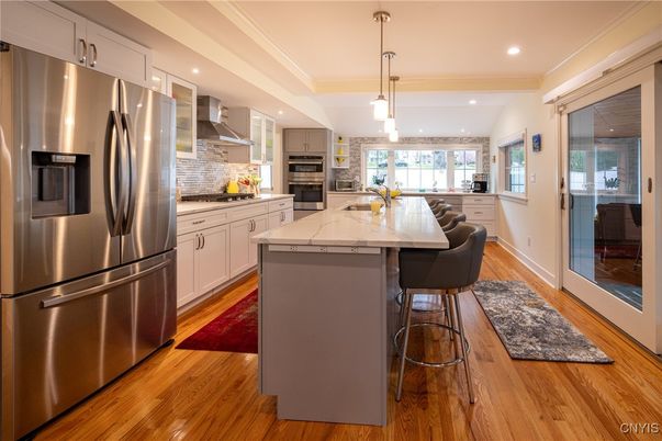 Interior, Kitchen, Pendant Lights, Recessed Lighting, Stainless Steel Appliances, Wood Texture Flooring
